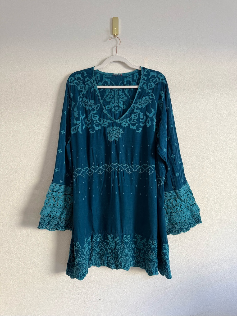 Johnny Was Teal Floral embroidered tunic Blouse Crochet Lace Bell Sleeve XXL